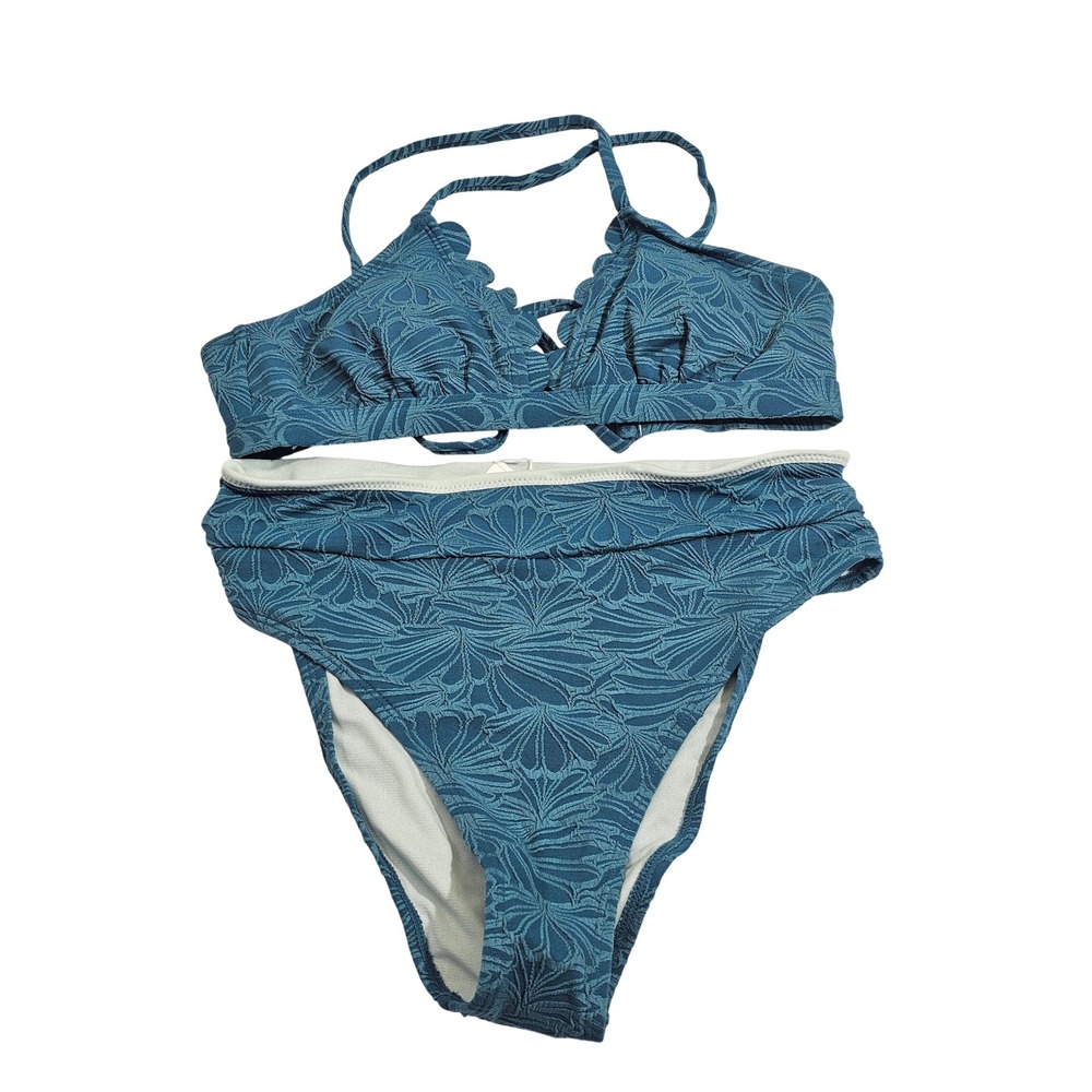 Cupshe Bikini Set Women M Blue Floral Scalloped High Waisted Textured Two Piece